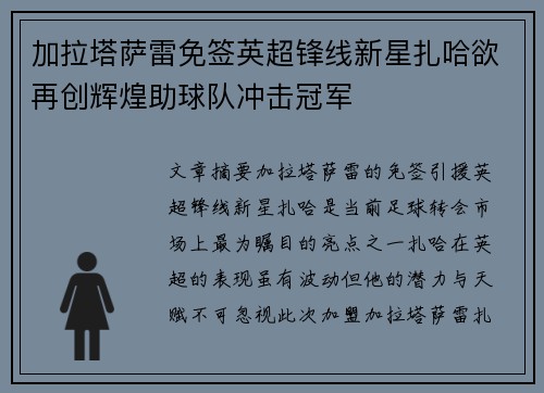 加拉塔萨雷免签英超锋线新星扎哈欲再创辉煌助球队冲击冠军 加拉塔萨雷免签英超锋线新星扎哈欲再创辉煌助球队冲击冠军